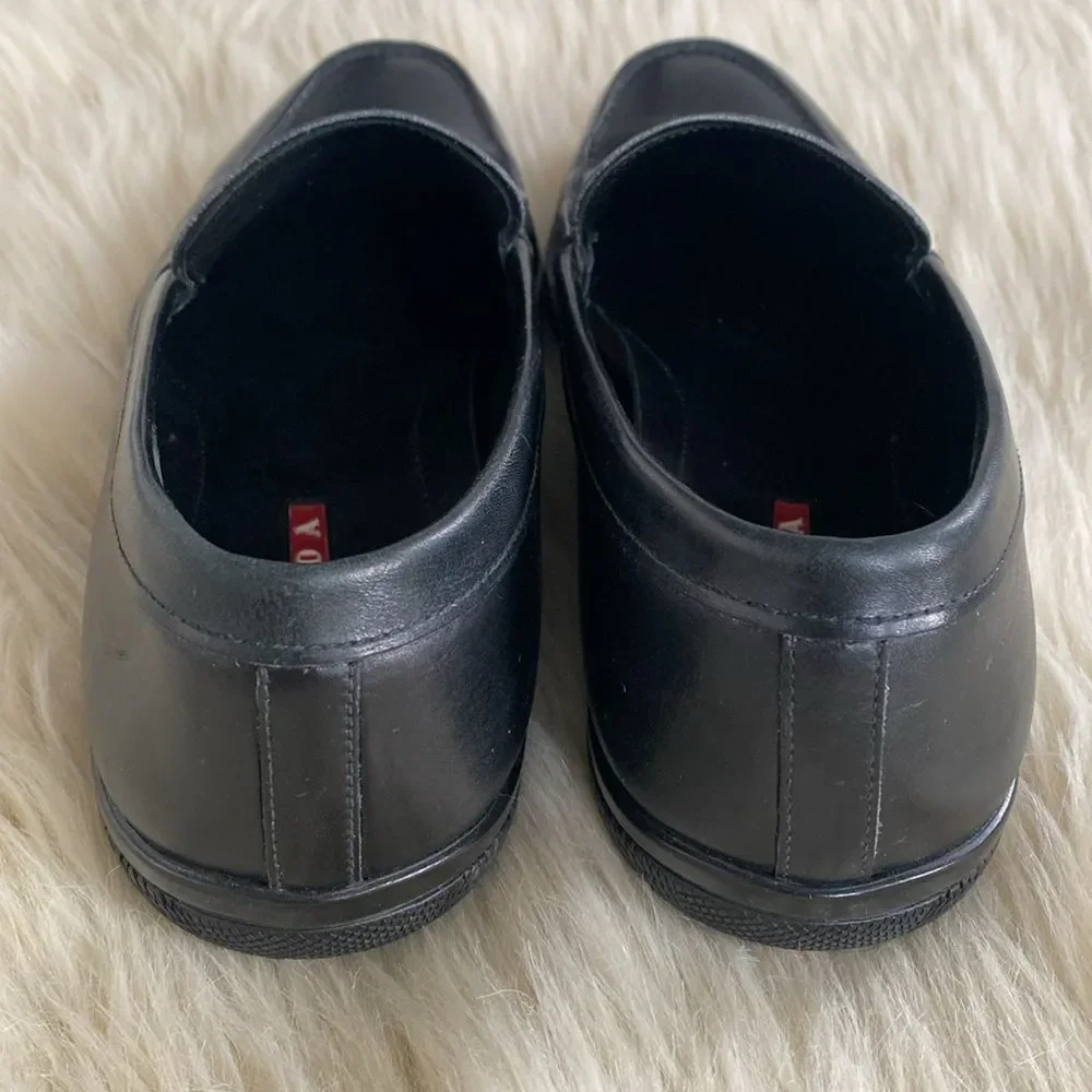 Prada Men's Black Smooth Leather Sports Loafers US Sz 7.5 Luxury Designer Sleek